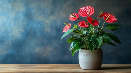 Canvas Print - Red Anthurium Blooms in a Pot Against a Blue Wall