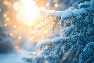 Wall Mural - Snow-Covered Pine Branch in Winter Sunlight