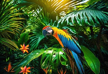 lush tropical landscape featuring vibrant flora fauna bright colors exotic plants under clear skies, biodiversity, flowers, leaves, trees, nature, garden