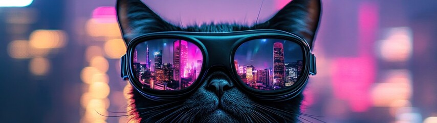 Sticker - Black Cat Wearing Sunglasses Reflecting City Lights