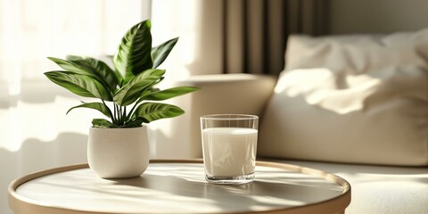 Canvas Print - A glass of milk, a potted plant, and a table.