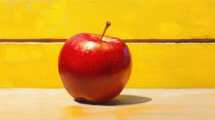 Oil painting depicting a vibrant red apple set against a bright yellow wooden backdrop