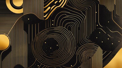 Geometric line art illustration of abstract shapes featuring straws in black and gold pattern for modern wallpaper design