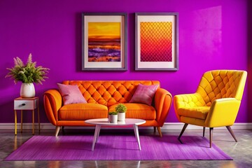 Two vibrant accent orange armchairs near white sofa against concrete tile wall with art frame. Scandinavian interior design of modern living room