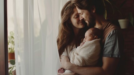 A man and woman hold a newborn baby, looking out a window