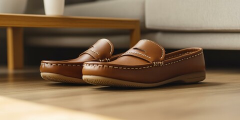 Two brown leather loafers on wooden floor.