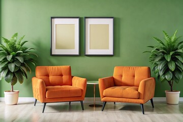 Two vibrant accent orange armchairs near white sofa against concrete tile wall with art frame. Scandinavian interior design of modern living room