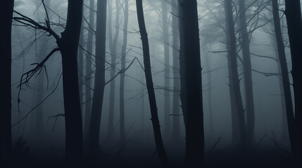 Dark Forest With Bare Branches and Low Fog in Shadowy Atmosphere