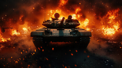 Battle tank moving through a devastated industrial zone, smoke columns rising, explosions in the background, turret ready, low-angle shot