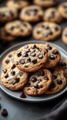 plate of freshly baked chocolate chip cookies with soft dough and dark chocolate chips