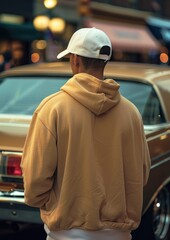 Wall Mural - A man wearing an oversized hoodie and white cap sweatshirt clothing knitwear.