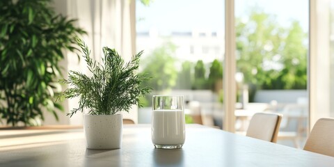 Canvas Print - A glass of milk and a potted plant on a