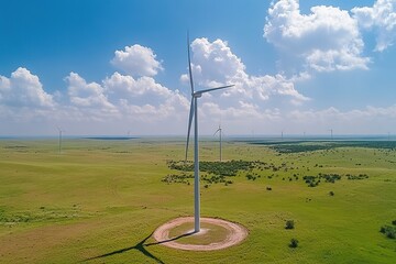 Wind turbine in lush green field under blue sky