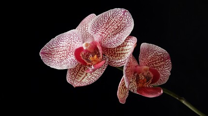 Canvas Print - Pink and White Orchid Bloom on Black Background