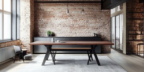 Wall Mural - Modern dining room with exposed brick wall.