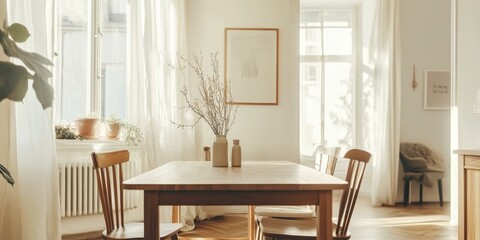 Canvas Print - Sunlit dining room with wooden table, chairs, and vase of