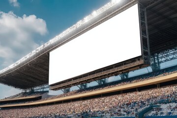 A large empty billboard in a stadium filled with spectators.