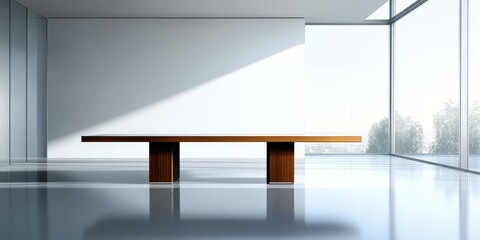 Wall Mural - Modern wooden table in a minimalist room.