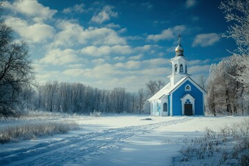 Wall Mural - Blue Church in a Snowy Winter Landscape