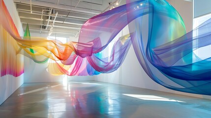 Wall Mural - colorful fabric is suspended in a gallery.