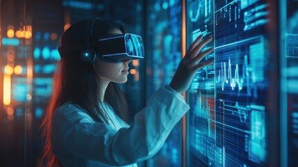 Wall Mural - Woman in VR Headset Interacting with Digital Interface