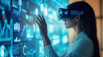 Wall Mural - Woman wearing VR headset interacting with digital data visualized on a screen