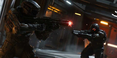 Two soldiers in futuristic armor fire weapons at each other.