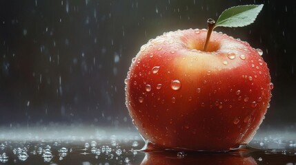 red apple with water drops