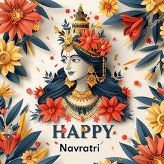 Vibrant Navratri Festival Celebration Featuring a Divine Deity Surrounded by Exquisite Flowers and Intricate Decorations - A Visual Representation of Indian Culture and Spirituality