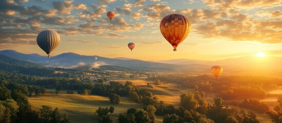 Canvas Print - Hot Air Balloons at Sunset Over Lush Green Valley