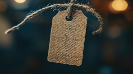 Close-up of a rustic tag hanging by twine against a blurred background, perfect for labeling products or gifts.