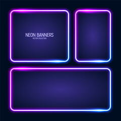 Wall Mural - glowing neon banners, illuminated colorful square frames. shiny vibrant border, glow effect. blue vi