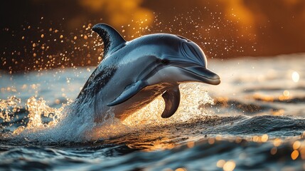 Wall Mural - Dolphin Leaping Through Golden Waters