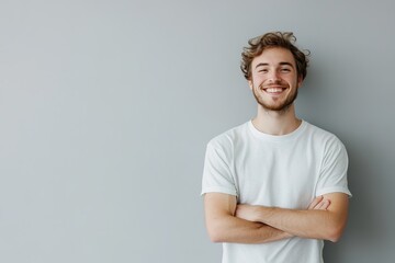 Happy young man with arms crossed standing against grey wall