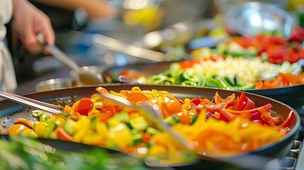 Wall Mural - Close-up of chopped vegetables in a pan.