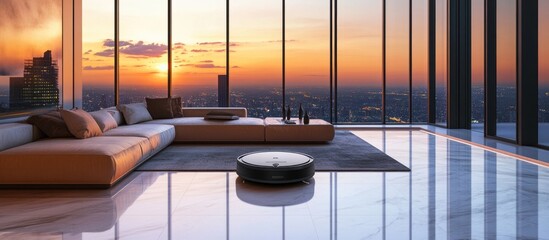 Poster - Modern Apartment with Sunset City View and Robotic Vacuum Cleaner