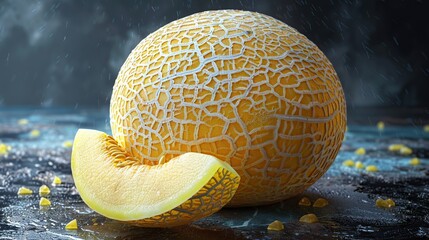 Wall Mural - Cantaloupe Slice and Whole Fruit on a Wet Surface