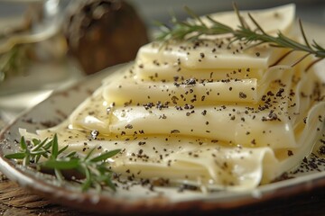 Wall Mural - Close-up of Creamy Cheese with Rosemary and Pepper