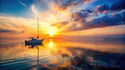 Wall Mural - Landscape boat sailing on calm water at sunset, sunset, boat, landscape, ocean, golden hour, peaceful, tranquil