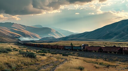 Sticker - A long freight train winding through a mountainous landscape.