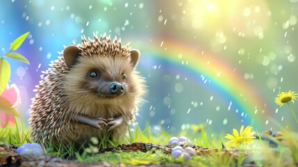 Canvas Print - A cute hedgehog looking at a rainbow in a grassy field.