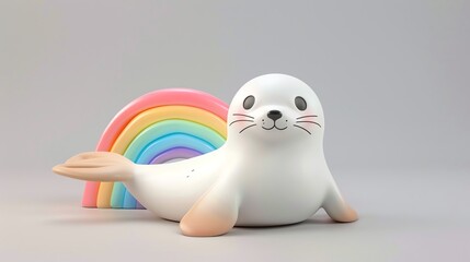 Poster - A 3D render of a cute white seal with a rainbow behind it.