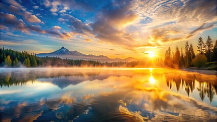 A beautiful sunrise over a serene mountain lake with mist rising from the water, sunrise, mountain, lake, mist, water