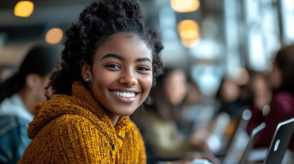 Poster - A happy young woman with an Afro and yellow knit sweater beams in a casual, cheerful portrait.