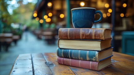 Canvas Print - Stack of Books with a Blue Mug on Top