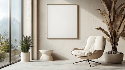 A modern living room features a white chair, golden frame, and stunning mountain view, blending comfort and elegance.