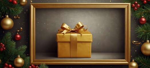 Happy merry Christmas with golden square frame and gifts