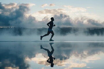 Wall Mural - Black man running morning jogging.