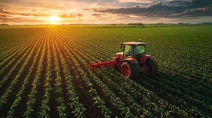 The sun sets as a tractor tirelessly works the field, its silhouette framed by a glowing sky.