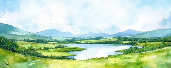 Scenic watercolor painting of an Irish landscape with rolling hills and a peaceful lake capturing the beauty of nature and tranquility of rural Ireland